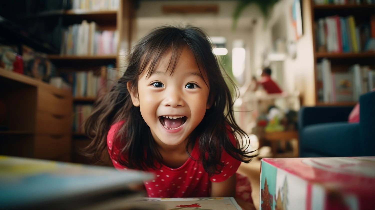 Smiling girl in a red dress in a library