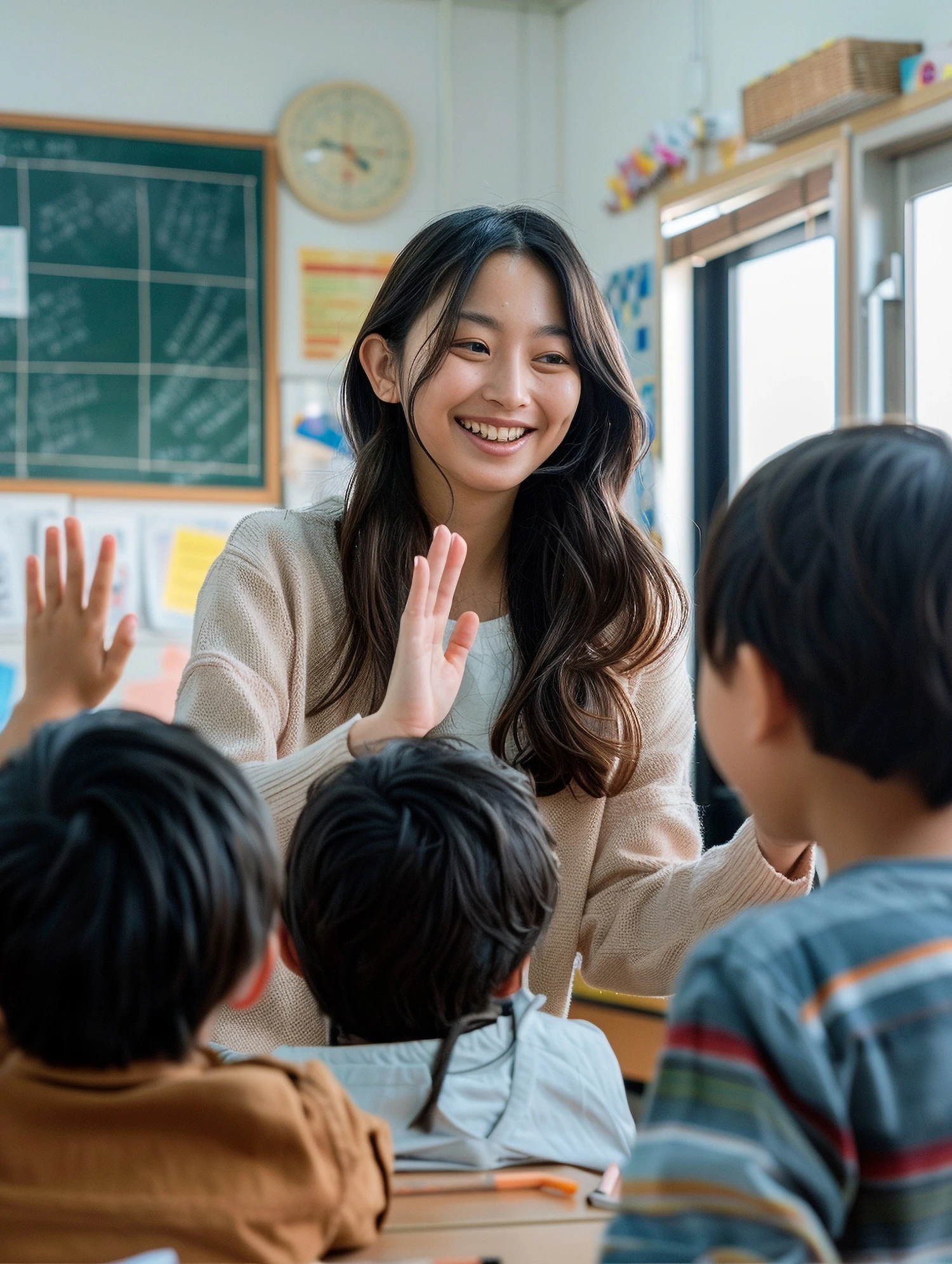 Smiling female teacher with 3 students in a classroom