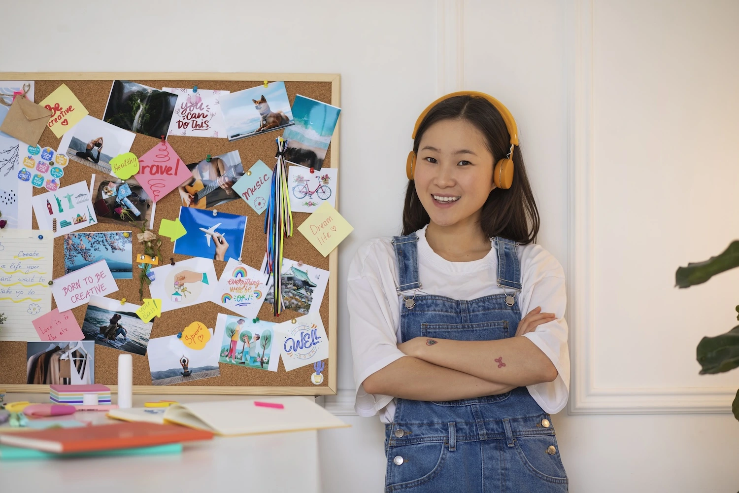 Smiling teenager girl wearing ornage headphone